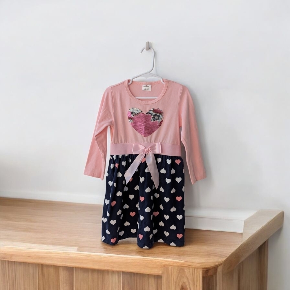 Pink and Navy Sequin Heart Girls Dress Cotton Casual Size 4-5